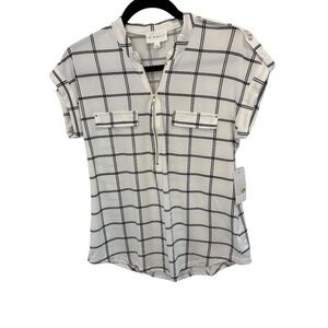 The Workshop Cap Sleeve 1/4 Zip Black White Plaid Top Size Large NWT